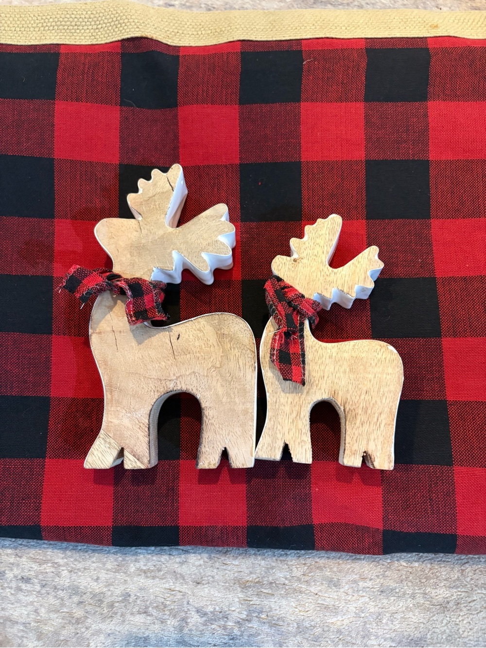 Buffalo Plaid Table Runner and Wooden Reindeer Holiday Décor